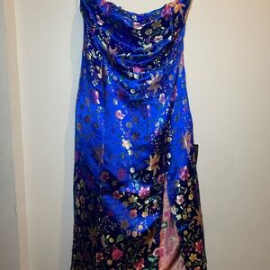 Lulu's Royal Blue Strapless Floral Satin Dress with Metallic Accents